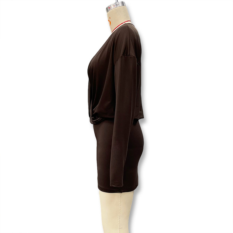 Women's Sexy Deep V Long Sleeve Dress American Style Solid Color Waist Cinching Bodycon Fashion For Autumn_ecoleips.com