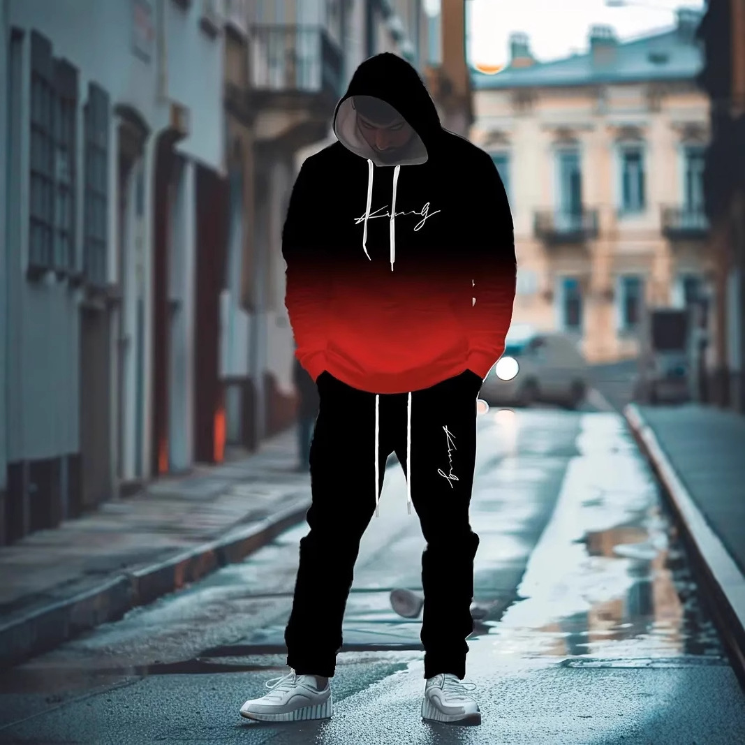 Traje de dos piezas con degradado de moda, pantalón de suéter con capucha suelto y cómodo de talla grande MC11-ML1