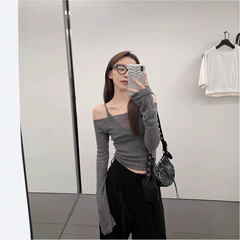 灰色露肩一字肩上衣女春季薄款短款针织衫修身内搭打底衫长袖t恤