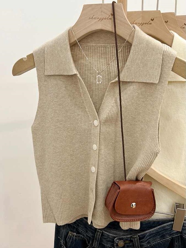 Polo Collar Thin Slim-Fit Camisole Outerwear Vest for Women 2026 Spring and Autumn Korean Style Knitted Sleeveless Top
