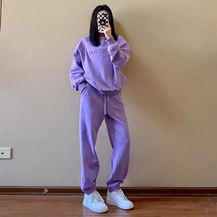 Fat mm Large Size 200 Pounds 2025 New Loose Slimming Look Purple Sweatshirt Sportswear Two-Piece Suit Women's Autumn Autumn 2