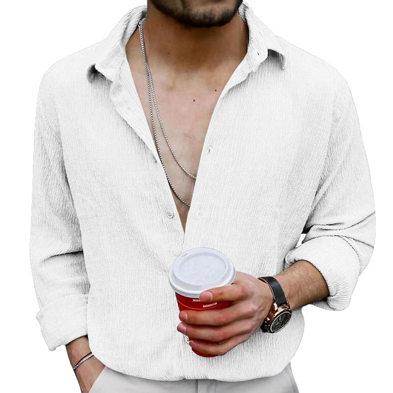 Men's Wrinkle Fabric Cardigan Solid Colour Casual Overcoat Style_voghion.com