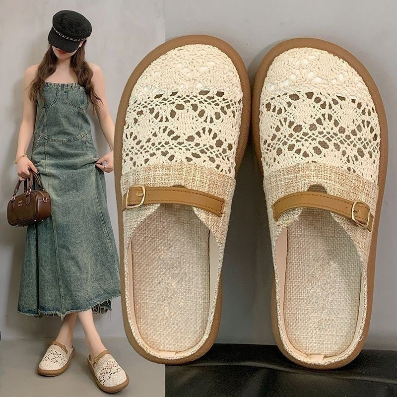 Dép lê nữ bít mũi vải lanh thêu hoa nhí, đế bằng gót thấp 1–3 cm, kiểu xỏ chân thoáng khí — Dép lê nữ S3 - màu be [hộp], Dép lê nữ S3 - màu đen [hộp]