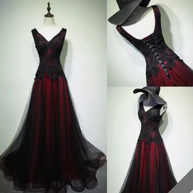 2026 New Style Black Gauze Evening Dress with a High-End Elegant Feel, Deep V-Neck Evening Gown for Host, Ball, and Performance Attire