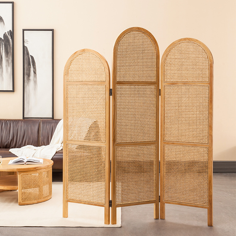 Modern Chinese Style Entrance Hotel Nordic Solid Wood Rattan Screen Folding Home Living Room Folding Screen Homestay Balcony