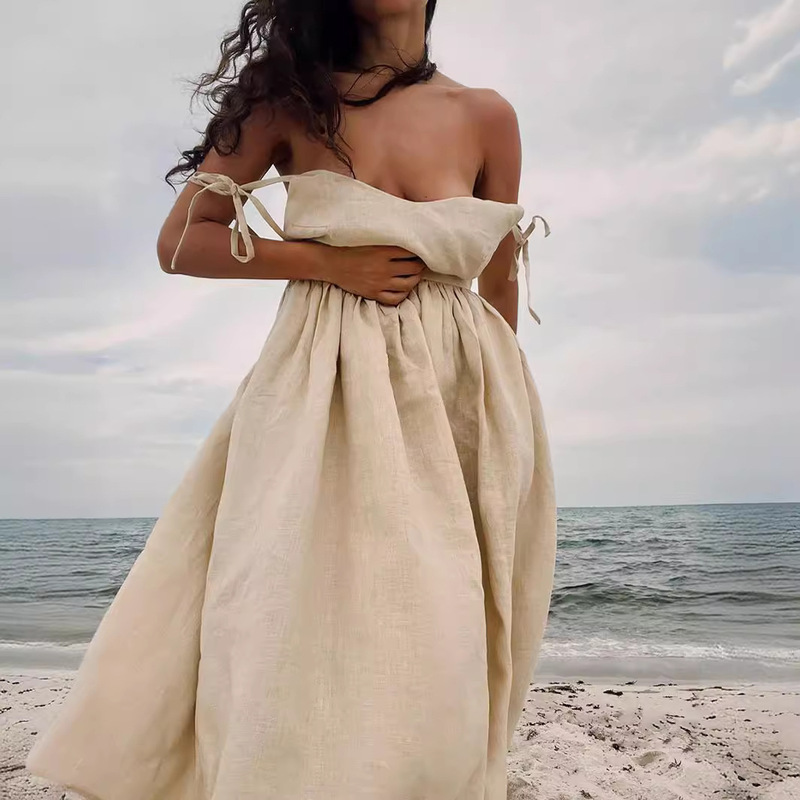 Cross-Border Cotton V Neck Suspender Skirt for Women European and American 2024 Spring New Style Elegant and Sexy Strappy Backless Suspender Long Skirt