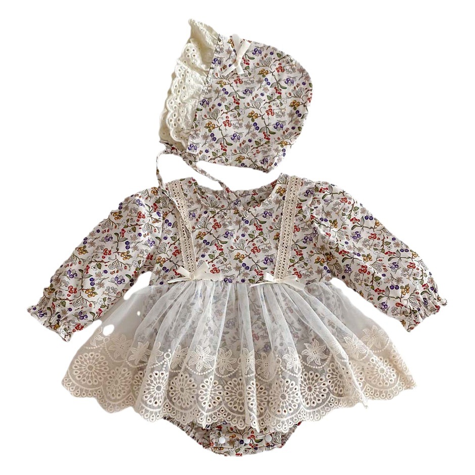 INS bebé niña Primavera y otoño de manga larga funda bebé de moda floral encaje malla mameluco recién nacido mameluco