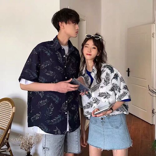 Summer couple wear thin breathable short-sleeved floral shirts for men and women Hong Kong style retro Hawaiian resort style shirts