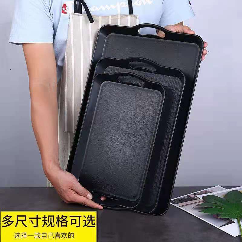 日本式のトレーの木の紋は取っ手のプラスチックの端の野菜のトレーの長方形の大きいサイズのホテルのレストランの手提げの滑り止めのトレーを持ちます。|undefined