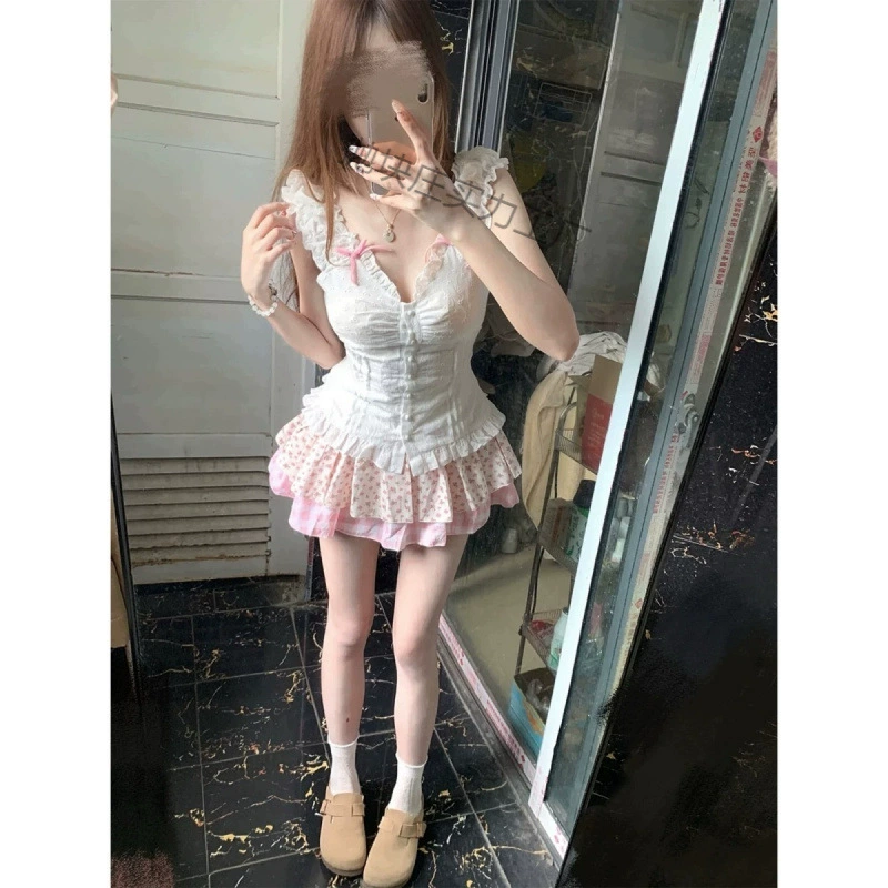 Полный комплект нарядов в чайном стиле для летних миниатюрных милых девушек, рубашек с короткими рукавами Pure Desire, юбок с цветочным принтом и женских костюмов-двойок.