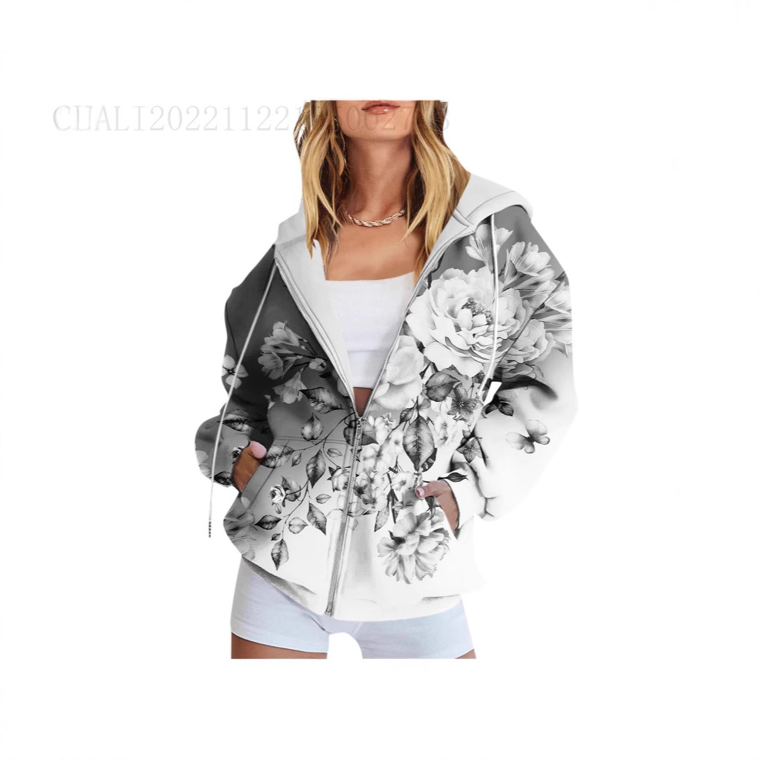 2024 Cross-Border New Women's Zipper Cardigan Casual Flower Gradient Print Sweatshirt Jacket Zipper Hoodie