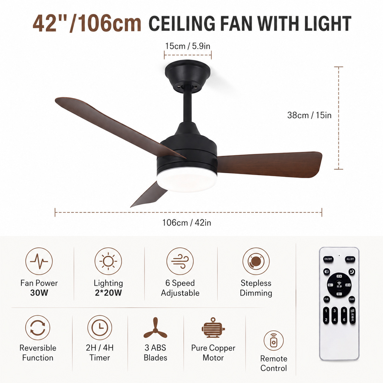 Ventilador de Techo con Luz de PC y ABS con Control Remoto para Dormitorio y Restaurante