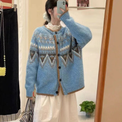 韩系圆领复古费尔岛针织开衫女2025秋冬新款宽松休闲百搭毛衣外套