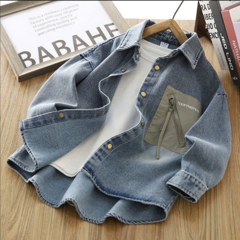 Boys' Denim Shirt Spring and Autumn 2026 New Fashion Casual Long-Sleeve Shirt for Older Children, Stylish and Cool Jacket