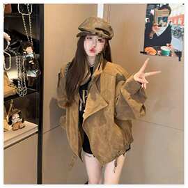 K7X美拉德仿麂皮绒机车服外套女秋季休闲宽松翻领廓形工装夹克上