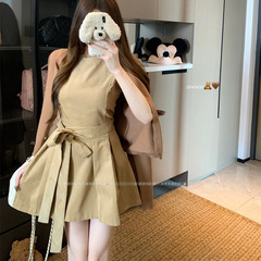 适美2025秋季小香风套装纯色气质长袖开衫女绑带背心连衣裙两件套