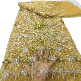 奢华烫钻厂家欧美高级感重工婚纱礼服晚宴礼服面料跨境珠管绣lace
