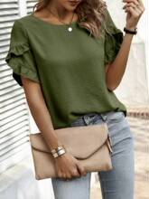 H 66953 Solid crew neck lace short women's T-shirt ��ɫԲ��
