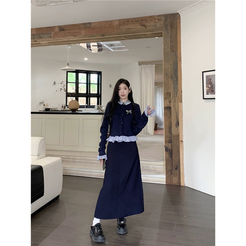 实拍~假两件拼接长袖设计款针织衫女+高腰显瘦开叉长款半身裙套装|undefined