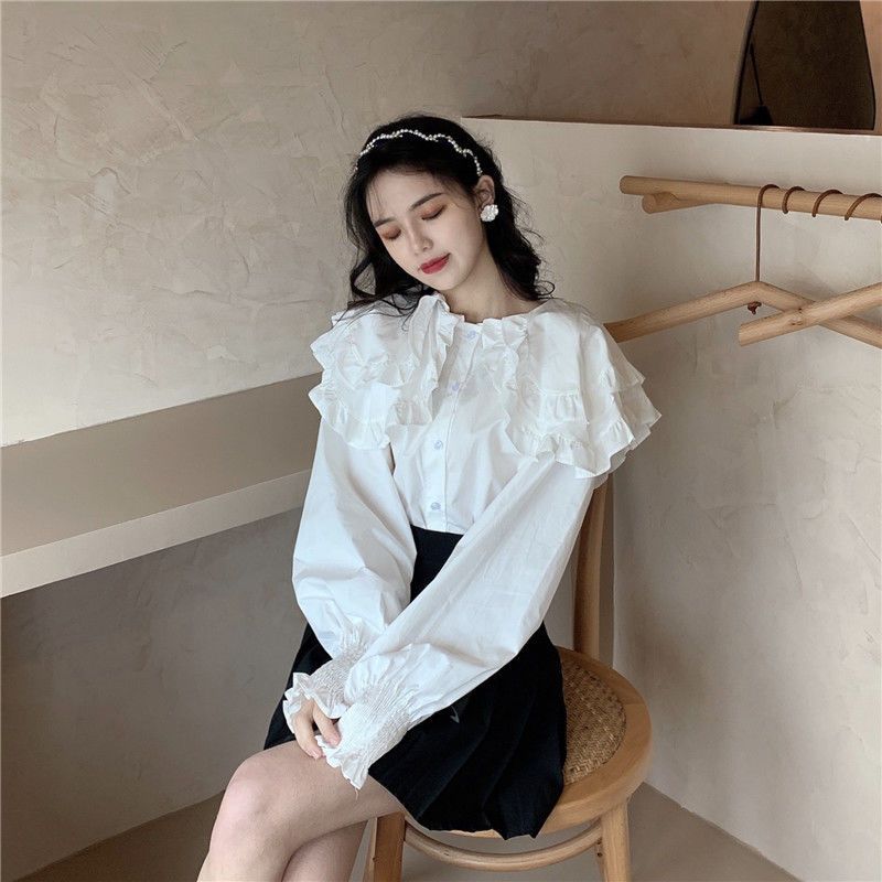 가을 2024 새로운 스타일 레트로 우아한 디자인 센스 탑 웨스턴 스타일 더블 레이어 로터스 칼라 긴 소매 셔츠 트렌디 화이트