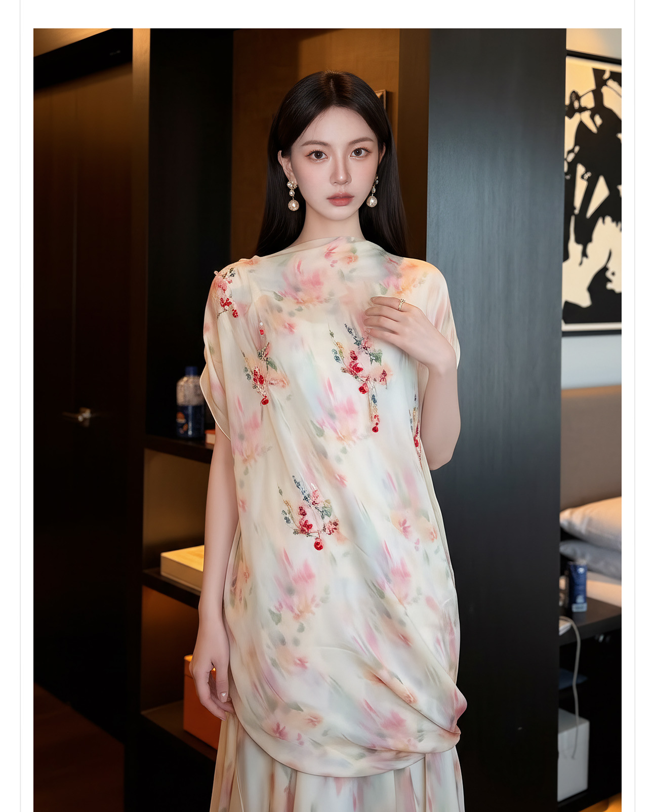 Bộ váy áo maxi thắt eo họa tiết hoa phong cách tân cổ điển — Trang chủ, bộ đồ, nửa váy chi tiết 4