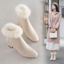 【真兔毛】2022冬季新款粗跟靴子女韓版網紅百搭短靴女加絨棉靴