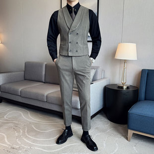 Korean-style slim-fit business tweed double-breasted vest suit MJT1824 black dark gray brown
