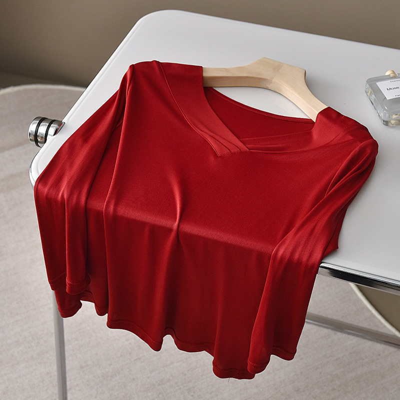 V넥 7부소매 밑단 셔츠 레드