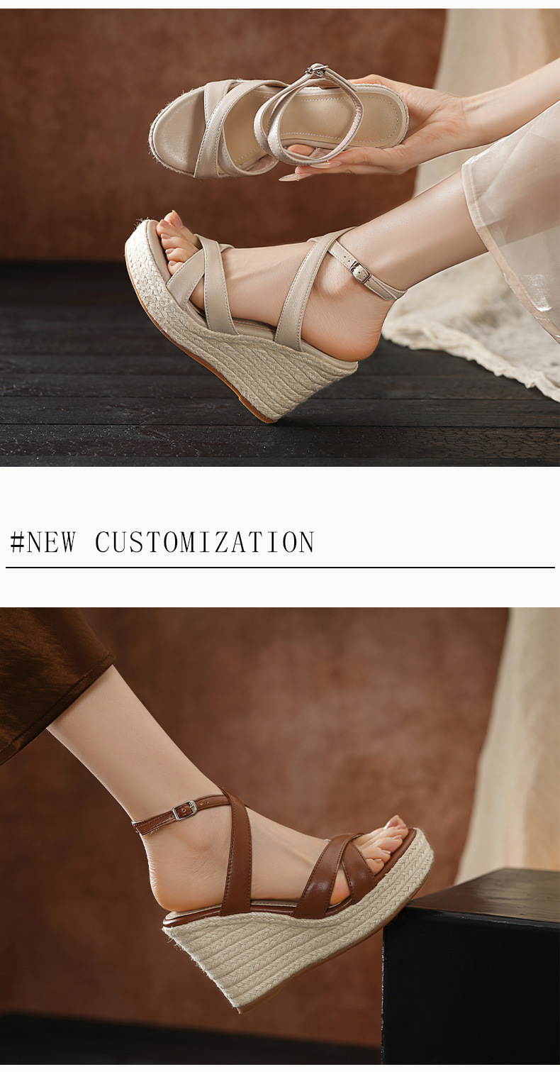 Sandal cao gót nữ hở mũi phong cách Pháp, gót 10 cm, đế rơm dày, quai ngang khóa — màu nâu, màu trắng ngà chi tiết 3