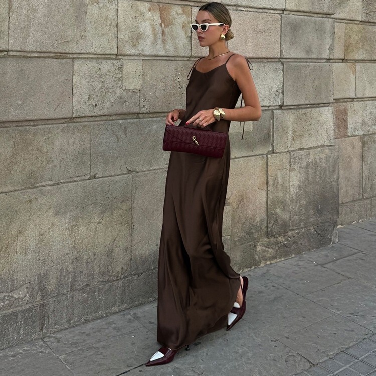 European and American Cross-Border Sexy Long Slip Dress for Women, Satin Drapey Tie-Up Off-Shoulder Sleeveless High-Waisted Dress