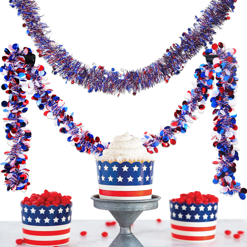 2M Día de la Independencia de los Estados Unidos de color rojo, blanco, azul, estrella de pentacos, filamentos de filamento de hoja ancha, decoración de fiesta