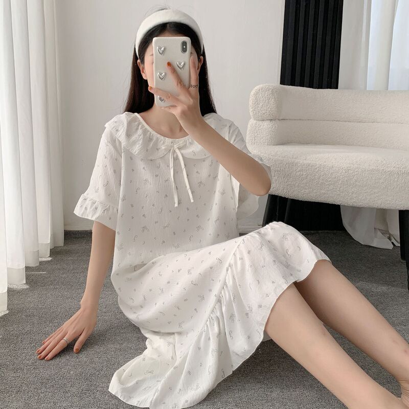 Cloud Cotton Nightgown, New Summer Style Short-Sleeved Home Wear, Cute Style Printed Thin Long Dress, Floral Plus Size Dress