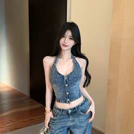 实价实拍美式复古辣妹单排扣挂脖洋气超好看牛仔上衣