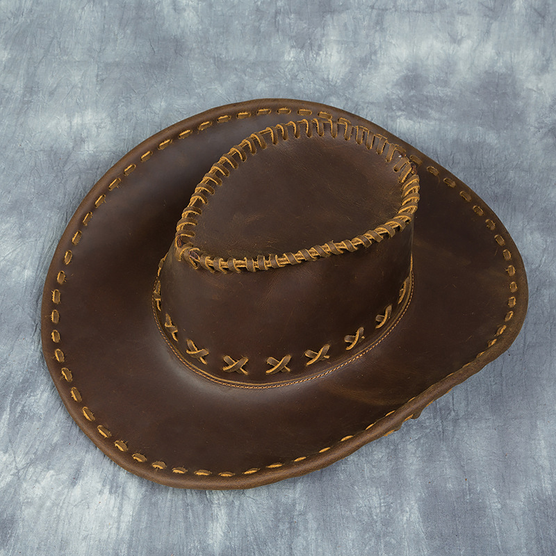 Trendy Cross-Border European and American Style Crazy Horse Leather Western Cowboy Hat Adult Hat First Layer Cowhide Hat Men's Riding Hat