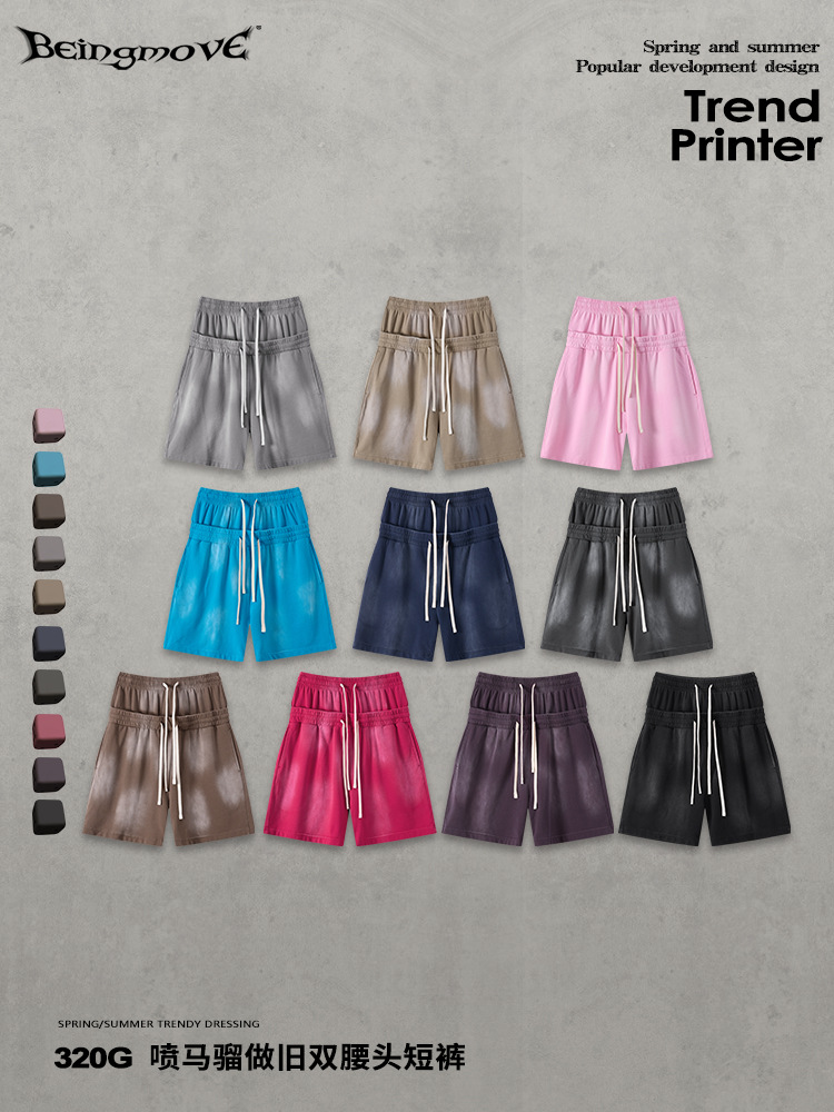 Calle secada| Marca de moda americana 320G hace viejos pantalones cortos de doble cintura de la costa oeste pantalones sueltos casuales para hombre