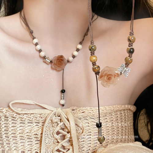 New Chinese style tassel necklace for women, new high-end antique style horse skirt accessories, rose flower clavicle chain