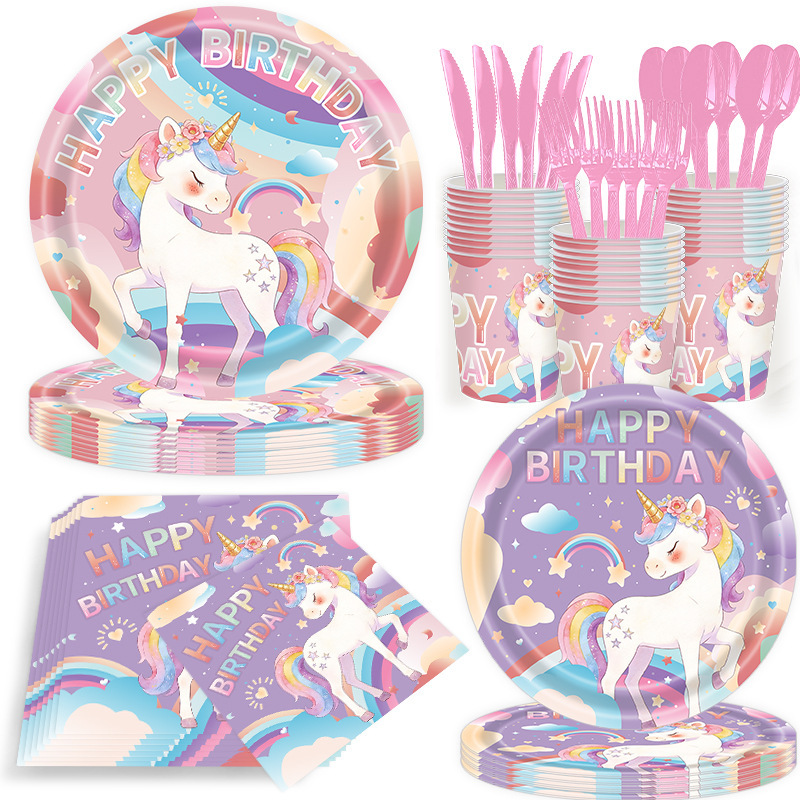 Cross-Border Pink and Purple Unicorn Disposable Party Tableware Set Children's Birthday Party Picnic Paper Plate Set Wholesale