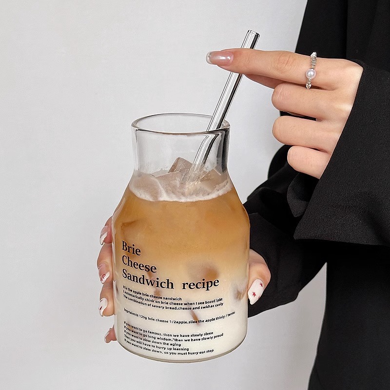 Ins Style Glass Household Drinking Cup Simple Letter Cold Extract Coffee Cup Large Capacity Bubble Tea Suction Cup