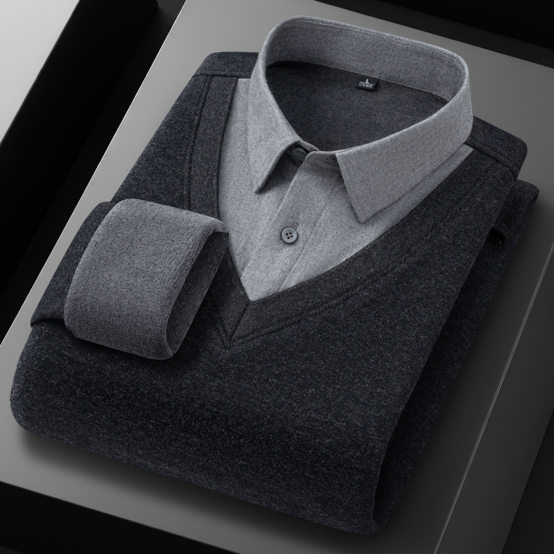 【Sheep Wool + Silk】Fleece-lined and thickened faux two-piece men's warm knitted shirt V-neck pullover sweater