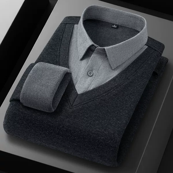 【Sheep Wool + Silk】Fleece-lined and thickened faux two-piece men's warm knitted shirt V-neck pullover sweater