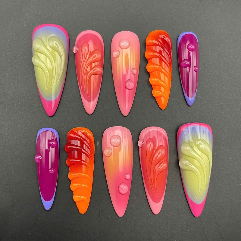 Wearable Nails European and American 3D Glue Stereo Water Drop French Almond Color Matching Manicure Nails Fake Nails 24 Pieces Manicure