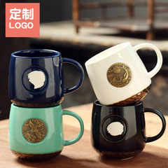 陶瓷水杯 帶銅片銅牌章咖啡杯 星巴風可印字魚鱗馬克杯 批發