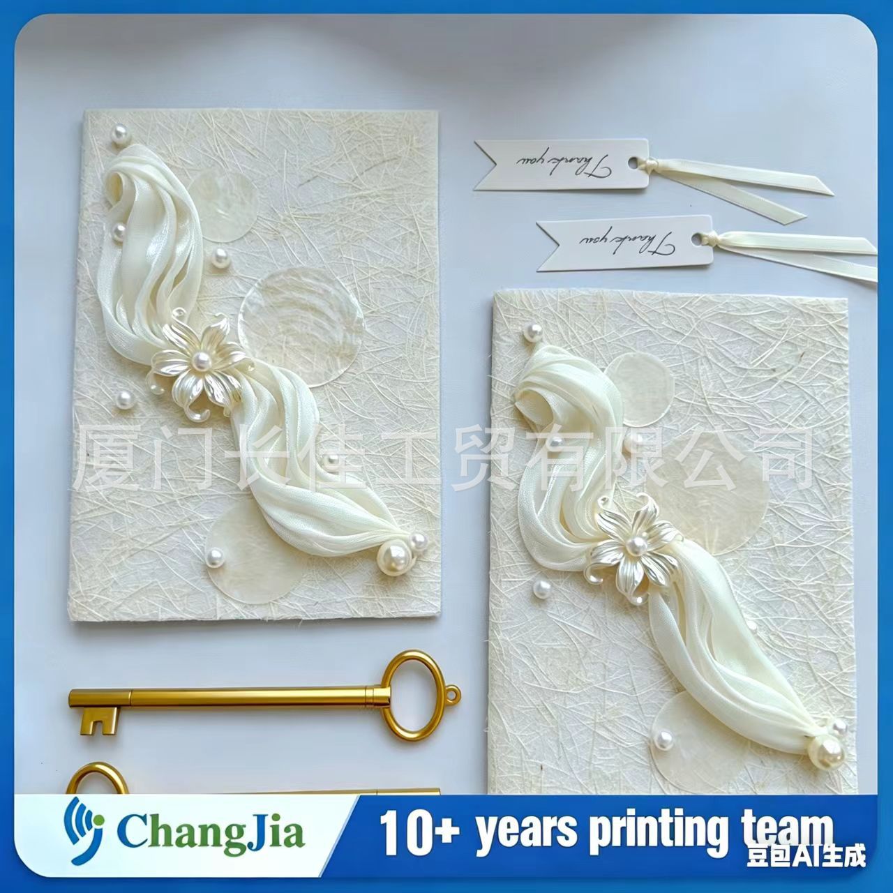 轻奢珍珠丝带婚礼誓言卡定制烫金贺卡金钥匙婚庆用品源头工厂