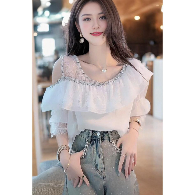 French High-End Lace Splicing Off-Shoulder Shirt Short-Sleeved Women's Summer New Super Fairy Beaded Beautiful Shirt Top