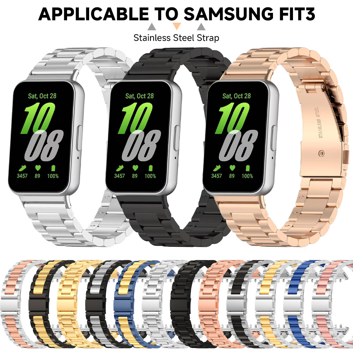 For Samsung Galaxy Fit3 Watch Band Three Beads Steel Band Folding Buckle Stainless Steel Strap