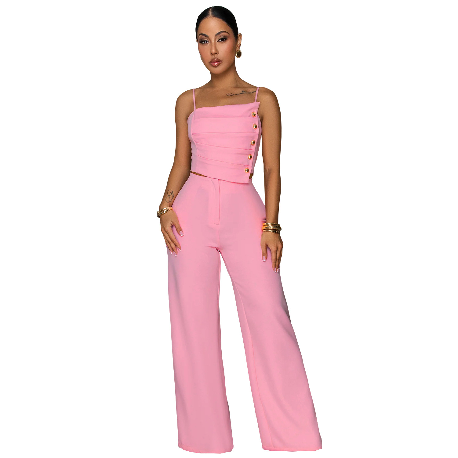 C7739 transfronterizo 2026 nueva ropa de mujer de color sólido pliegue hebilla de metal chaqueta de cinturón pantalones largos de piernas largas dos piezas set