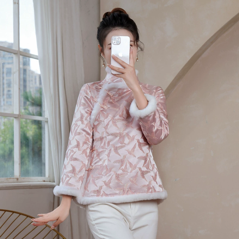 Цельная доставка 2022 осенне-зимний жаккардовый мех кролика узкий Улучшенный Чонсам стеганый Топ Tang костюм Tea Art 10519