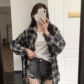 格子衬衫长袖上衣女2026春秋季韩系宽松复古慵懒风开衫衬衣外套潮