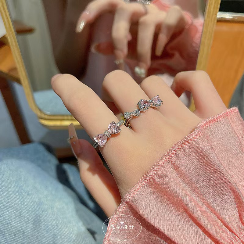 Süße elegante rosa Zirkonia-Schmetterlingsring, verstellbar, offene Größe, Zeigefingerring, koreanischer Luxus-Nischenring
