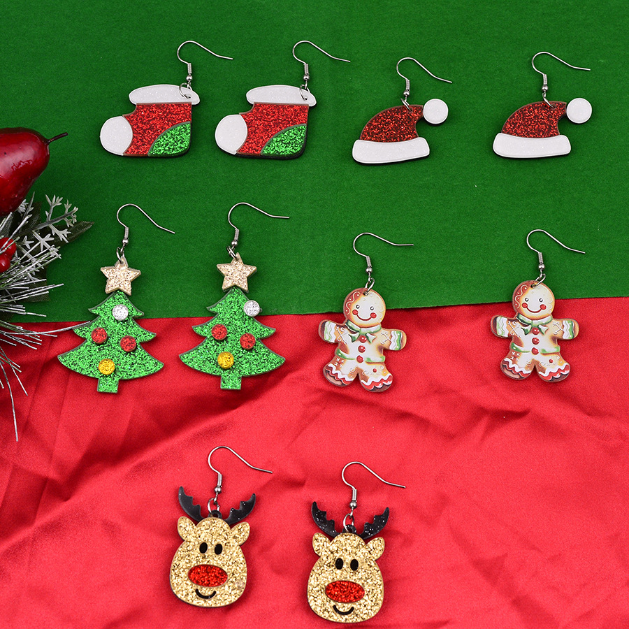 跨境新品卡通拼色亮片圣诞节耳环可爱姜饼人圣诞树节日耳饰品礼物